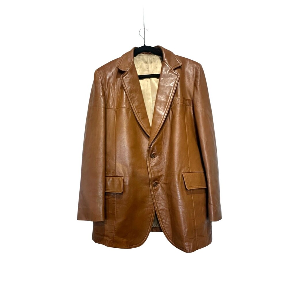 Vintage 70's Cresco Leather Brown Jacket Mens 44 XL Hollywood Cognac Two Button
